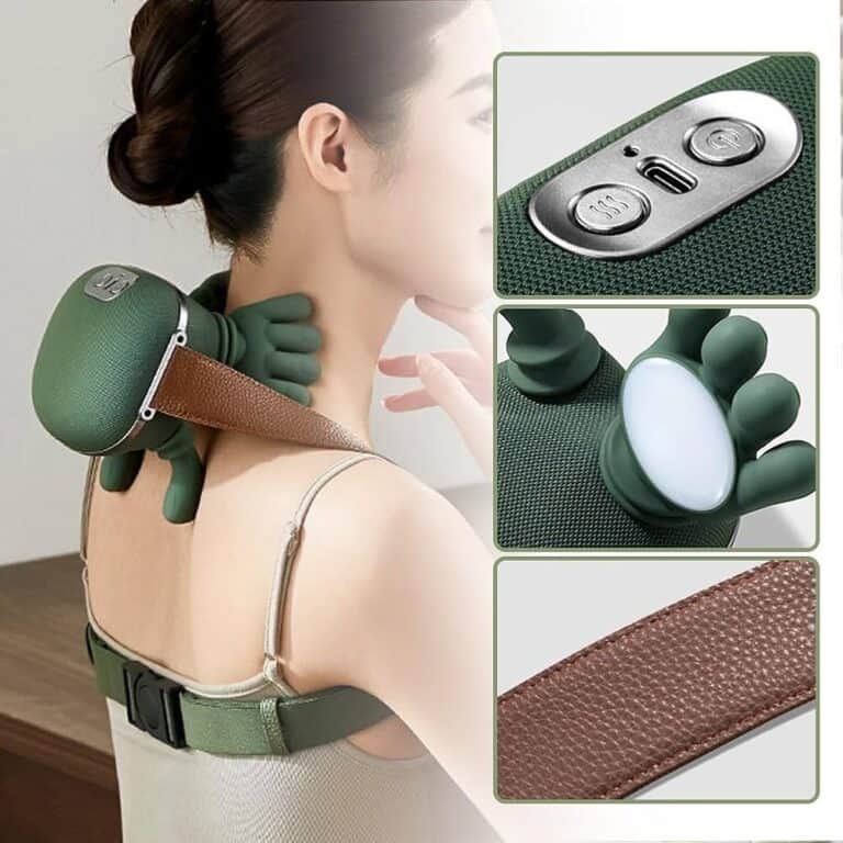 Wireless portable massage neck device with adjustable intensity and heat functions for relaxation.